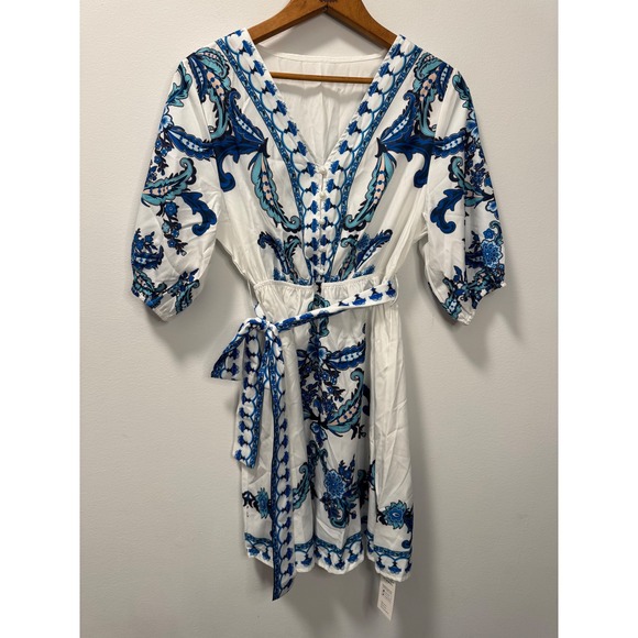 CUPSHE Blue White Paisley Floral Mini Dress Puff Sleeve V-Neck Tie Waist Small - Picture 3 of 7